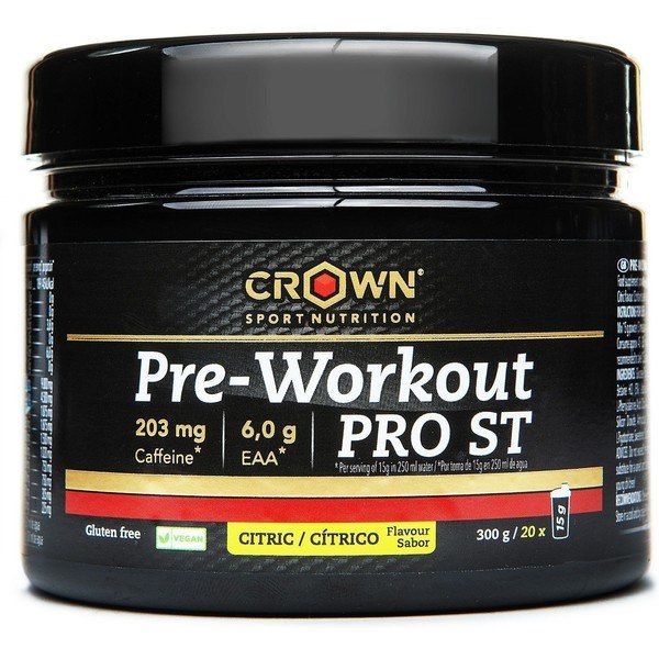 Crown Sport Nutrition Pre-Workout PRO ST 300 g, Pre-Entreno con Estudio Científico Publicado y Certificación Antidoping Informed Sport. Con EEAA, Cafeína y Precursores del Óxido Nítrico, Sin Alérgenos
