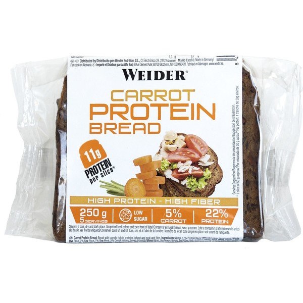 Weider Protein Bread Carrot 250 Gr (5 Rebanadas) - Pan Protéico con 11g de Proteína + 5% de Zanahoria por Rebanada / Con fibra y Bajo en Azúcares