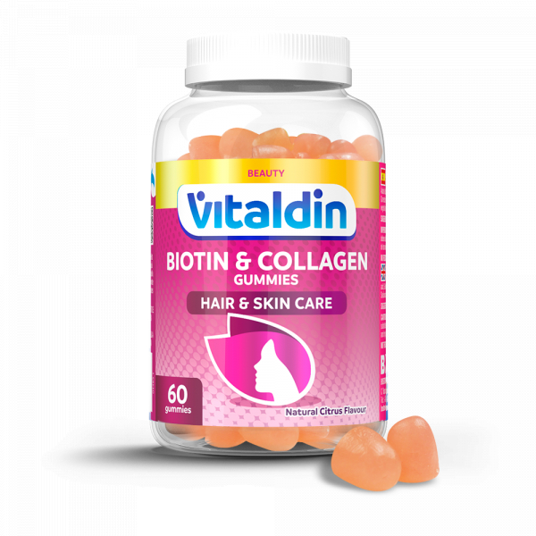 Vitaldin Biotina + Colágeno 60 Gummies - Suplemento de Belleza - 2.500 mcg de Biotina + Vitaminas C y E - Sin Gluten