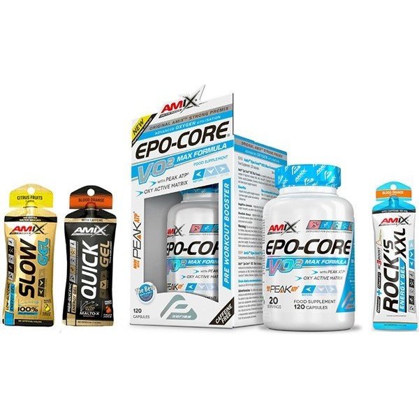 Pack REGALO Epo-Core VO2 Max 120 caps + Quick Energy Gel 1 gel x 45 gr + Energy Gel Rock´s! XXL Con Cafeína - 1 gel x 65 gr + Slow Palatinose 1 gel x 45 gr